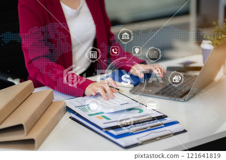 Business woman working at office with laptop and documents on desk, financial adviser analyzing data. 121641819