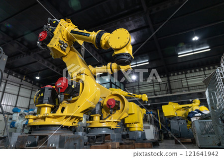Robotic machine industry factory manufacturing automate. automotive machinery tech manufacturing mechanical. 121641942