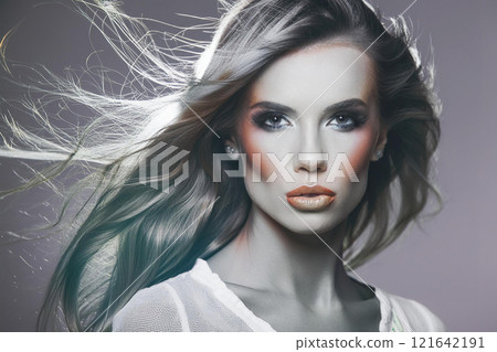 Serene Black and White Portrait of a Windswept Young Woman Serene Black and White Portrait of a Windswept Young Woman 121642191