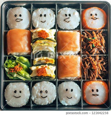 Playful Japanese Bento Box with Happy Character Food Creations 121642238