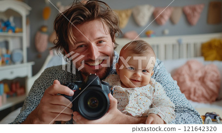 Young father captures joyful moments with baby in cozy nursery during afternoon family time Young father captures joyful moments with baby in cozy nursery during afternoon family time 121642320