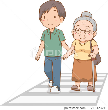 Cartoon illustration of man helping old woman cross the road. 121642321