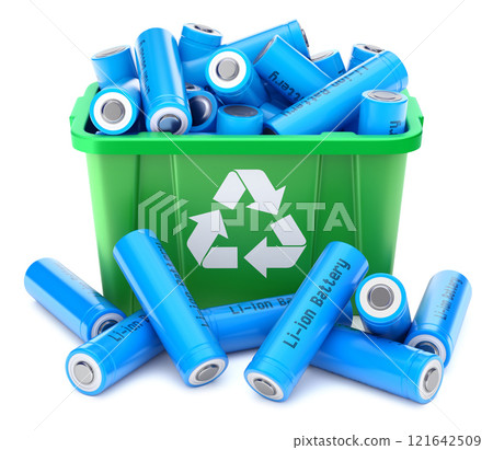 Li-ion Batteries in green recycle crate on white background - 3D illustration 121642509