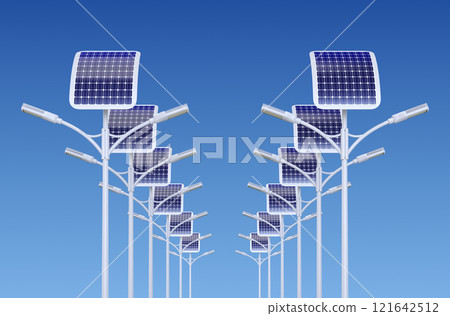 Double row of LED street lamp with solar panel - 3D illustration 121642512