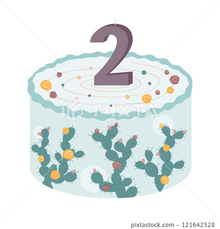 Cute bento cake with prickly pear cactus and number 2 lighting candle. Happy Birthday design element, neutral palette for kids and adults Cute bento cake with prickly pear cactus and number 2 lighting candle. Happy Birthday design element, neutral palette for kids and adults 121642528