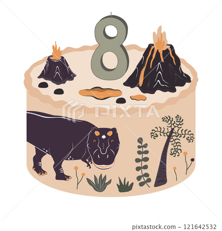Cute bento cake with dinosaur, volcano and prehistoric plants. Number 8 candle. Jurassic Happy Birthday topic design element for babies and kids. Isolated vector illustration 121642532