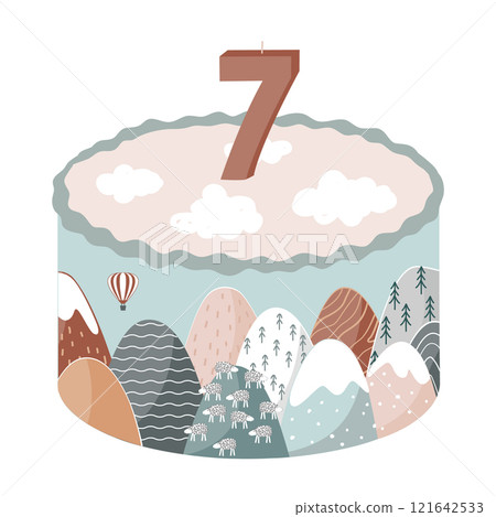 Cute bento cake decorated with abstract Scandinavian landscape and number 7 candle. Happy Birthday design element, pastel palette. Isolated vector illustration Cute bento cake decorated with abstract Scandinavian landscape and number 7 candle. Happy Birthday design element, pastel palette. Isolated vector illustration 121642533