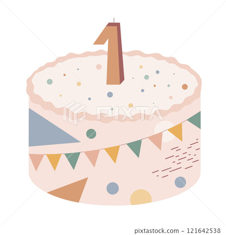 Birthday cake decorated with abstract circles, spots, and flags. Number one lighting candle. Baby, kids or adults sweet cake. Isolated vector illustration 121642538