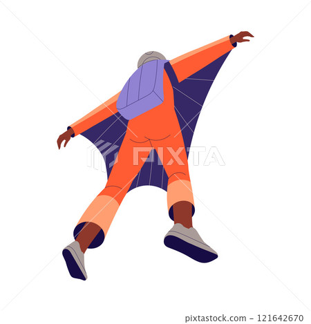 Man Skydiver in Wingsuit Flight Free Falling with Parachute Vector Illustration 121642670