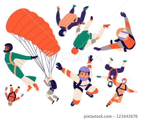 Man Skydiver in Flight Free Falling with Parachute Vector Set 121642676