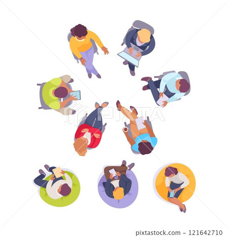 Sitting Man and Woman Office Worker on Chair Above View Vector Illustration Set 121642710