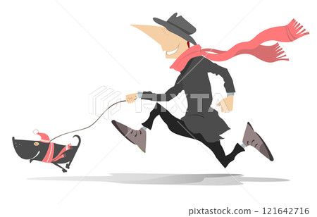 Running young man with a dog.  Cold weather. Running man in the worm cloth with a dog. Isolated on white background 121642716