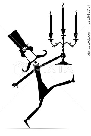 Cute long mustache man in the top hat holding a vintage candlestick with burning candles. Black and white illustration 121642717