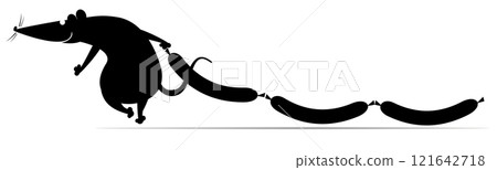 Happy rat or mouse dragging sausages.  Funny rat or mouse stealing three appetite sausages. Black and white illustration 121642718