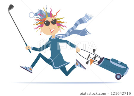 Young woman running to play golf. Wind. Rainy weather. Cartoon running woman in the warm cloth holding a golf club and golf bag Young woman running to play golf. Wind. Rainy weather. Cartoon running woman in the warm cloth holding a golf club and golf bag 121642719