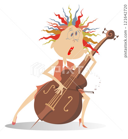 Funny woman plays cello. Cartoon woman playing cello with great inspiration. Isolated on white background Funny woman plays cello. Cartoon woman playing cello with great inspiration. Isolated on white background 121642720