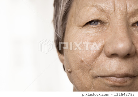 Elderly pensioner female half face portrait closeup Elderly pensioner female half face portrait closeup 121642782