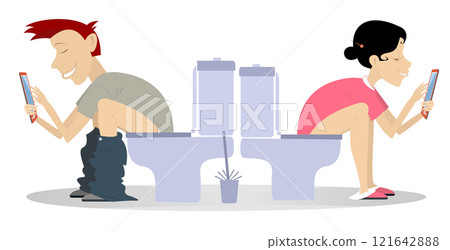 Heterosexual teenagers using smartphones in the toilet. Teens lifestyle concept. Communication in the toilet. Girl and boy sitting back to back and using smartphones in the toilet. Isolated on white b 121642888
