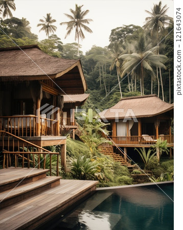 A spa hotel in the jungle. A relaxation area by the pool A spa hotel in the jungle. A relaxation area by the pool 121643074