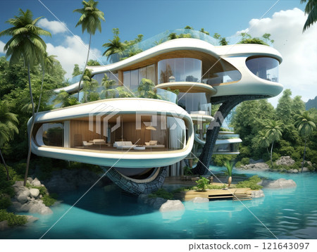 A modern house on a cliff overlooking water, surrounded by nature 121643097