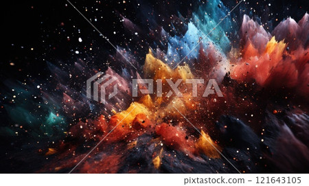 Powder explosion isolated on black background. Colored dust erupts 121643105