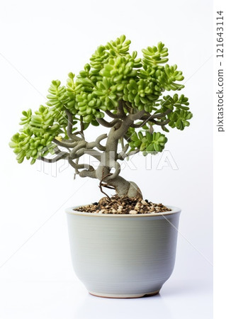 Vibrant green plant in a ceramic pot with pebbles, perfect for indoor decoration and air purification. Crassula potted mini tree isolated on white 121643114