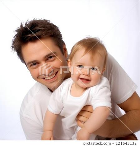 Happy father holding a smiling baby dressed in white a moment of family bonding and joy Happy father holding a smiling baby dressed in white a moment of family bonding and joy 121643132