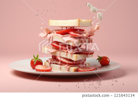 A stack of sandwiches with fresh tomatoes arranged on a plate against a pink background, showcasing a delightful mix of food 121643134