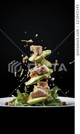 Recipe A dish of avocado, tuna, and lettuce is being served on a plate 121643145
