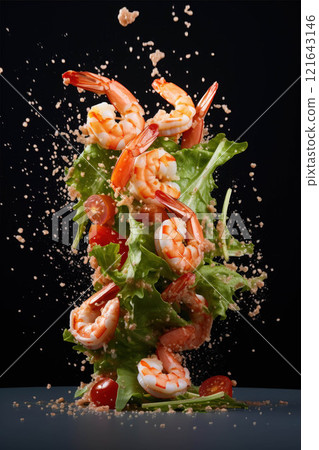 Ingredients like shrimp, tomatoes, spinach, and other vegetables are floating in the air, ready to be used in a food recipe 121643146