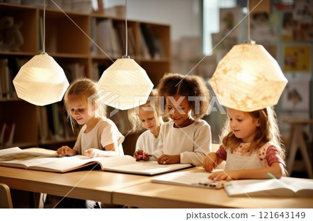 Children at a table in a classroom, sharing, smiling, and building a community 121643149