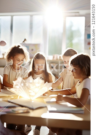 Children at a table in a classroom, sharing, smiling, and building a community 121643150