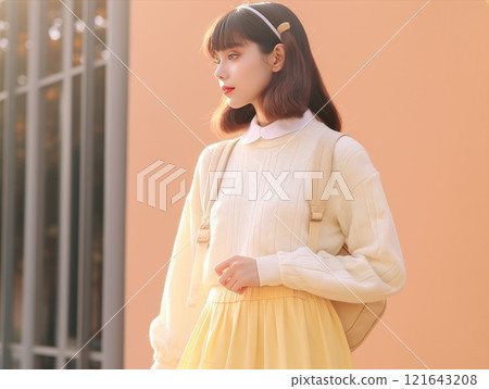 A girl is wearing a light yellow sweater with a matching skirt, accompanied by a backpack. Young lady exudes a fashionable sense of style. Fashion teenage model. Teen outfit 121643208