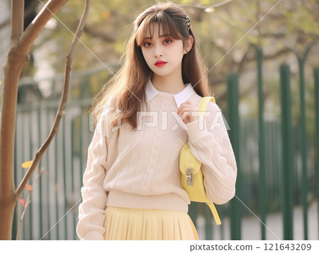 A girl is wearing a light yellow sweater with a matching skirt, accompanied by a backpack. Young lady exudes a fashionable sense of style. Fashion teenage model. Teen outfit 121643209