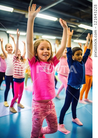 Joyful and Happy Children Dancing Enthusiastically in Colorful Activewear Class Activity. Girls dance together in a modern choreography studio 121643228