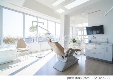 A modern dental clinic features a bright and inviting room showcasing a cozy treatment chair designed for comfort 121643229