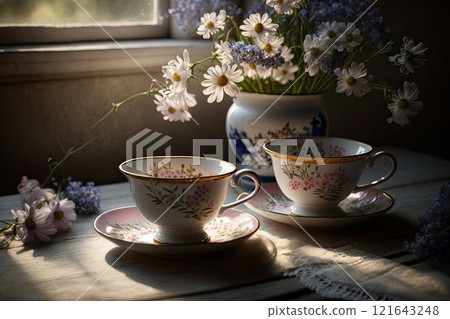 Cups of tea and beautiful flowers. Refined vintage dishes. 121643248