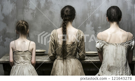 Three hungry girls waiting for food in poverty 121643278