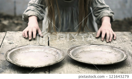 Young girl waiting for food with empty plates on wooden table 121643279