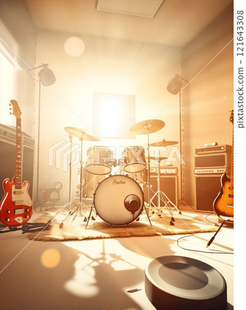 A sunlit Music studio with is fully set up with a drum set, guitars, and sound equipment, all ready for playing, recording gear, soundproof room A sunlit Music studio with is fully set up with a drum set, guitars, and sound equipment, all ready for playing, recording gear, soundproof room 121643308