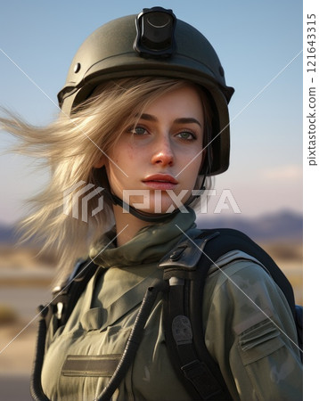 A Female Soldier Dressed in Tactical Gear, Fully Prepared and Ready for her Mission Ahead. A young woman serves in the army. Concept of a game or movie character A Female Soldier Dressed in Tactical Gear, Fully Prepared and Ready for her Mission Ahead. A young woman serves in the army. Concept of a game or movie character 121643315