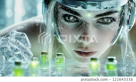 Scientist analyzing green liquid in laboratory setting with futuristic technology 121643338