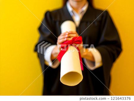 A woman in a graduation gown holding a diploma with a red ribbon A woman in a graduation gown holding a diploma with a red ribbon 121643376