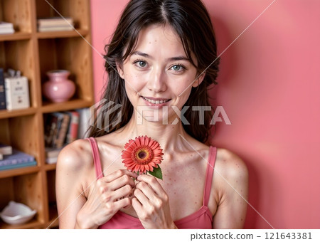 A woman is holding a red flower in her hand 121643381