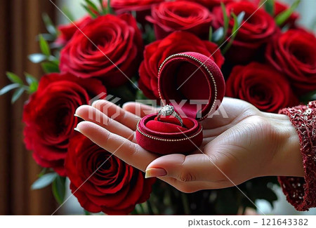 A woman is holding a ring in a red velvet box 121643382