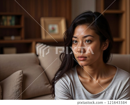 A woman is sitting on a couch with her head down 121643384