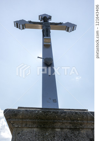 Summit cross of Bodenschneid mountain tour in springtime, Bavaria, Germany 121643406