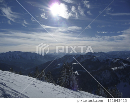 Mountain hiking at Brecherspitze mountain, Bavaria, Germany in wintertime 121643413