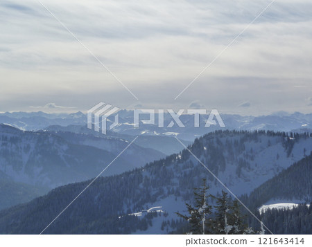 Mountain hiking at Brecherspitze mountain, Bavaria, Germany in wintertime 121643414