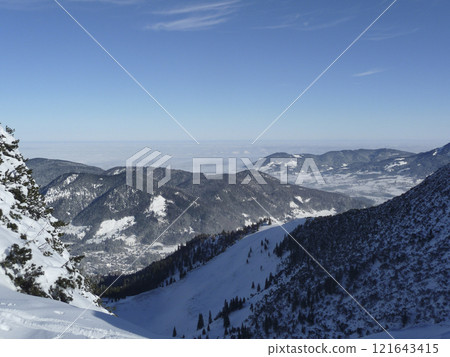 Mountain hiking at Brecherspitze mountain, Bavaria, Germany in wintertime 121643415